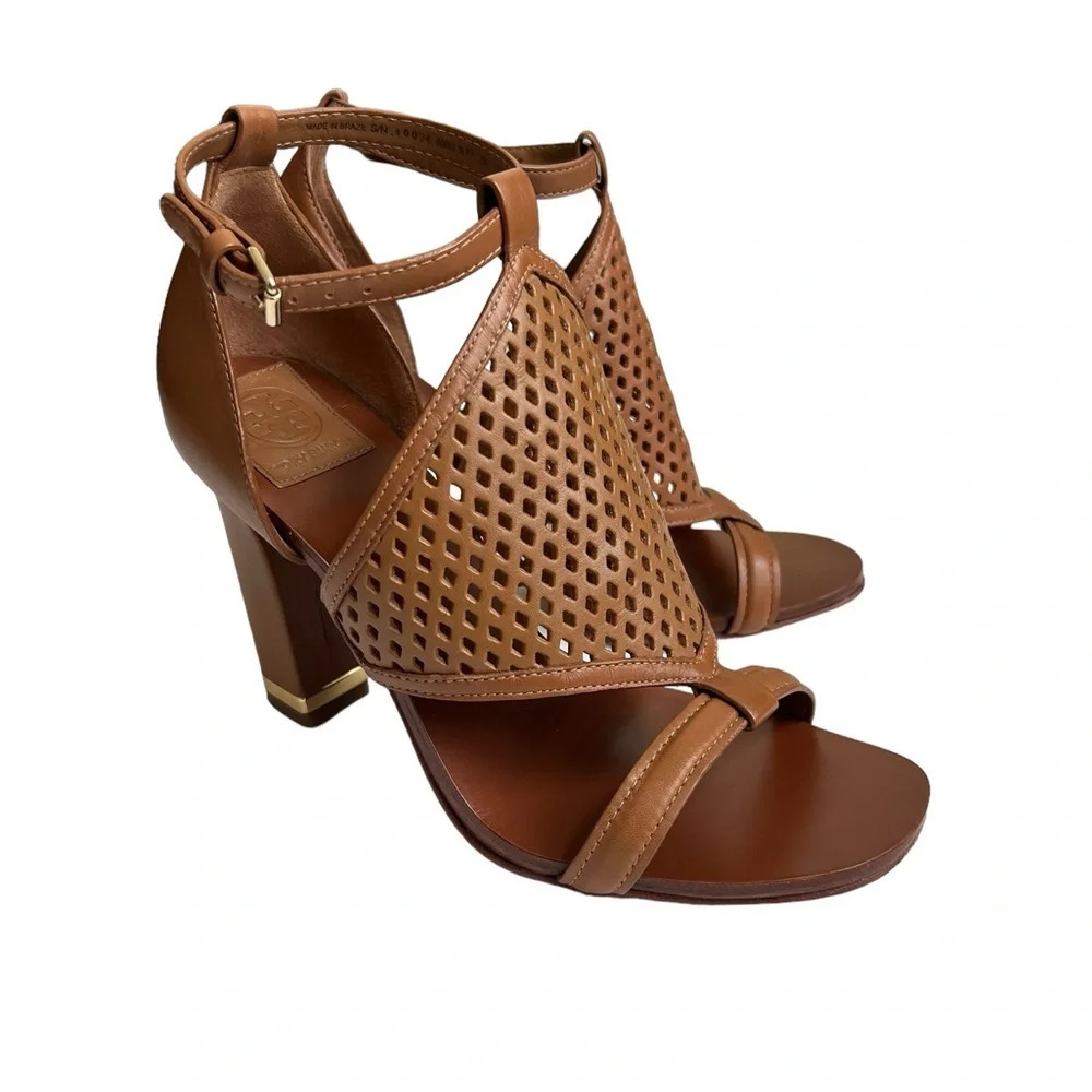 Tory Burch Doris Royal Tan Leather Brown Heeled Sandals Shoes Women’s 7.5